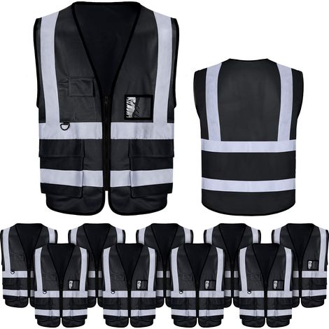 10 chalecos de seguridad de alta visibilidad con bandas reflectantes para construcción, exteriores, correr, ciclismo y caminar de noche (negro)