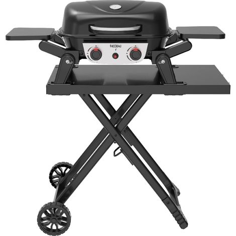 Kekai – Barbecue à gaz portable de table 2 brûleurs – Puissance 5 kW – Surface de cuisson 42x37 cm – Chariot pliable avec roues – Noir (1/5)