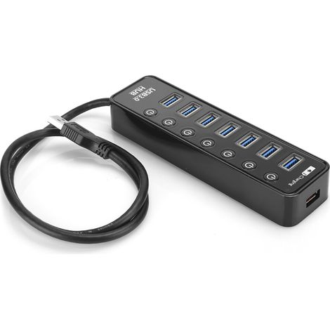 Hub USB 3.0, 7 ports, répartiteur multiport, avec charge intelligente et bouton d'alimentation indépendant, vitesses de transfert de données extrêmement rapides, compatible avec MacBook.