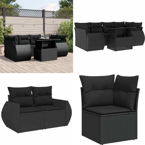 Salon de jardin 7 pcs avec coussins noir résine tressée - Ensemble Salon De Jardin - Meuble Extérieur - Jardin Design - Mobilier Résistant Aux Intempéries - Chaise Longue Pliable - Home & Living (1/5)