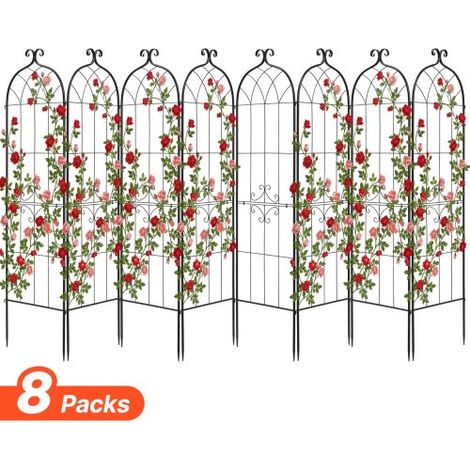 Enrejado Metálico para Jardín, 180 x 52,5 cm, Celosías de Jardín, Conjunto de 8 Piezas, Soporte para Enredaderas con Estacas, Decoración de Diseño Elegante, para Plantas Trepadoras Flores, Negro (1/5)