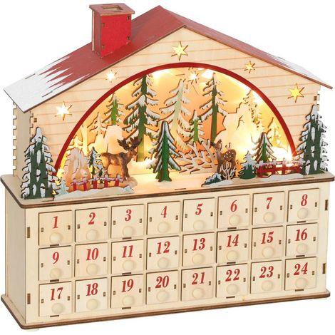 Calendrier de l'Avent à remplir 24 tiroirs compartiments Calendrier de Noël avec lumières LED Bois naturel 36 x 10 x 34 cm