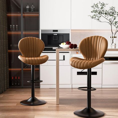 Barhocker 2er Set höhenverstellbar mit Lehne, 360° drehbar, Stoff, braun (1/5)