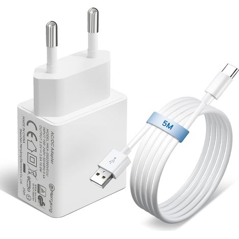 Chargeur Mural USB Portable 5 V, 2 A, 10 W avec câble USB-C de 5 m, Prise de Voyage Universelle, Alimentation pour caméras de sécurité, Haut-parleurs et Autres appareils compatibles USB-C – Blanc (1/5)