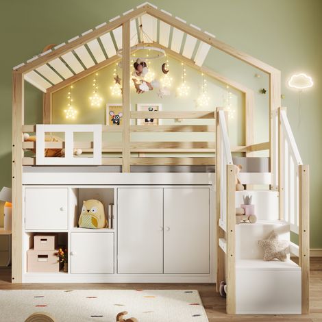 Lit enfant mezzanine 90x200 cm en pin, cabane avec rangements, blanc et naturel HAVRYA (1/5)