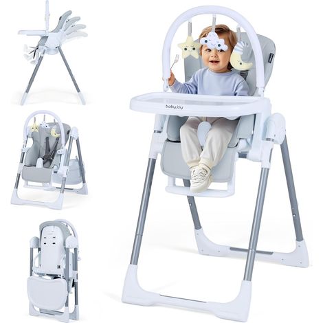 COSTWAY Seggiolone Pappa Portatile, con Altezza Regolabile, Schienale Reclinabile e Vassoio Rimovibile, Seggiolone Evolutivo Pieghevole con Cintura e 2 Ruote, per Bambini 6-36 Mesi (Grigio Chiaro)