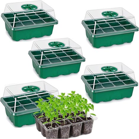 Lot de 5 nouveaux plateaux à semis de 60 alvéoles avec couvercles surélevés, banc de germination pour plantes avec dôme d'humidité (1/5)