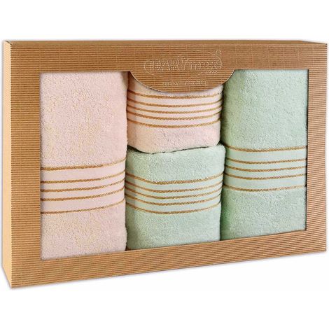 Juego de toallas de algodón, 4 piezas por caja, 50x90 + 70x140, color crema y menta. (1/5)