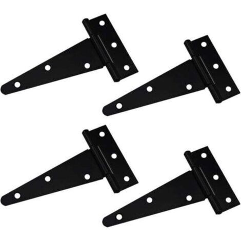 Charnières en T, charnière triangulaire, robuste, galvanisée, 10 cm (4 pouces), noire. Idéale pour suspendre portes de placard, portails de jardin, caisses en bois. Lot de 4. (1/4)
