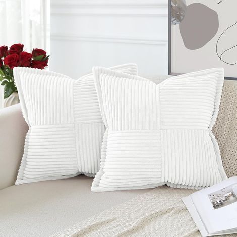 White 40 x 40 cm Set of 2 Boho Cross Corduroy Cushion Cover Sofa Soft Velvet Pillowcase for Home Living Room Bedroom Decorative. (1/5)