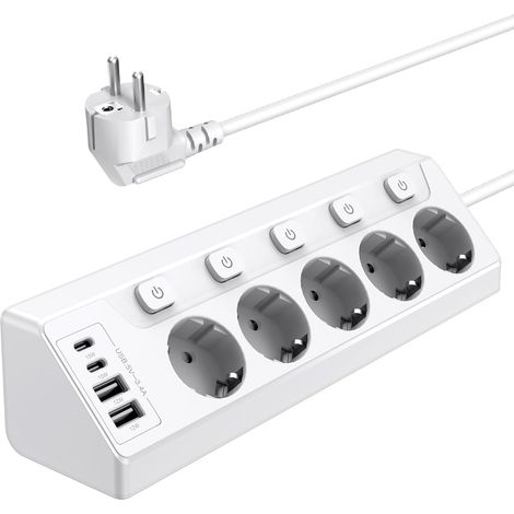 Regleta de 5 enchufes para encimera de cocina con interruptor y cable alargador de 2 m para muebles, sofá, escritorio y mesa, color blanco