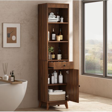 Mueble columna de baño 172 cm, puerta reversible, cajón, MDF, nogal (1/5)