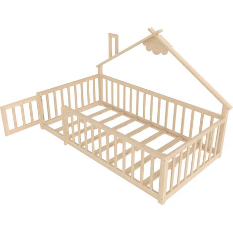Lit plat, 90x190 cm, lit pour enfant, bordure de maison, barrière avec serrure, bois de pin, naturel (1/5)