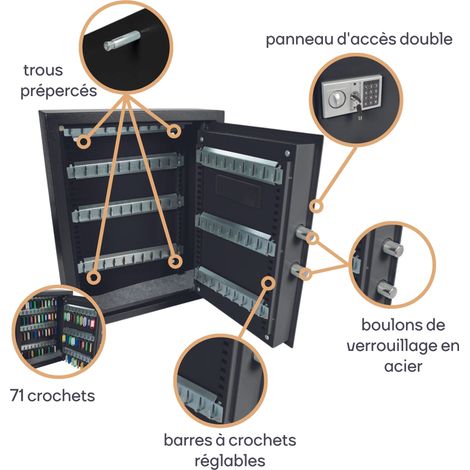 Perel – Armoire à clés à combinaison 71 crochets – Rangement sécurisé avec 71 porte-clés – Montage mural facile – Dimensions 45x36x12 cm