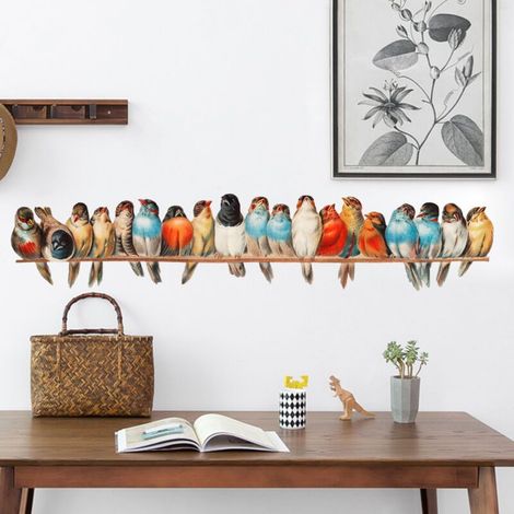 Sticker mural rétro oiseaux sur branche Multicolore 90 cm I Sticker mural autocollant mural décoratif printemps salon chambre cuisine salle de bain couloir (1/4)