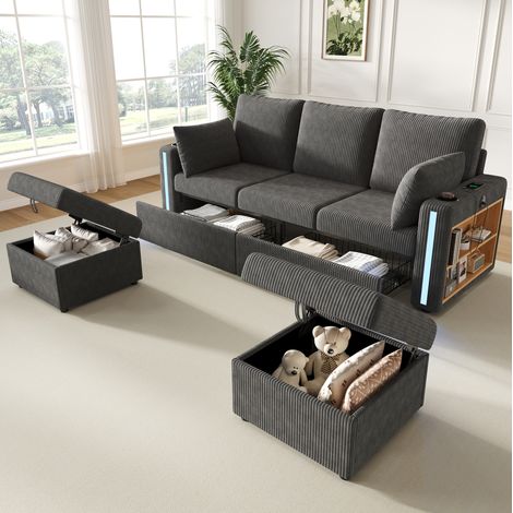 Divano modulare U/L 190x130 cm con LED, USB/Type-C, vano portaoggetti e portabicchiere, velluto a coste - grigio (1/5)