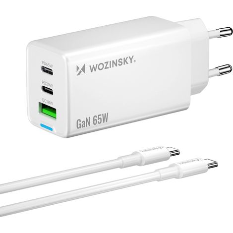 Wozinsky GaN 65W Ladegerät mit 2x USB-C-Anschlüssen und USB-C-Kabel (65W) – Weiß (1/5)