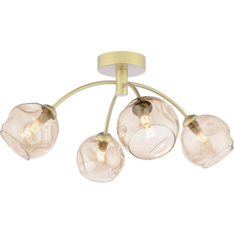 Dar Izzy Plafonnier semi-encastré Izzy 4 lumières, or mat et verre ambré organique