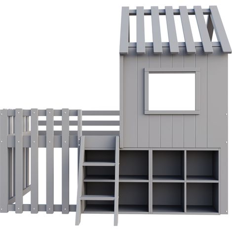 Letto a casetta bambino 90x200 grigio con tetto, finestra, scala e vano aperto HOMVRA (1/5)