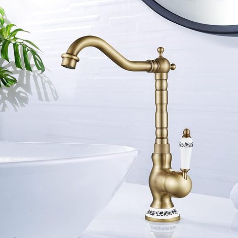 Robinet de Lavabo Rétro, Robinet Salle Bain en Laiton Bronzé, Haut Mitigeur Lavabo bec Pivotant à 360°, Eau Chaude et Froide Disponible, G3/8 (1/5)