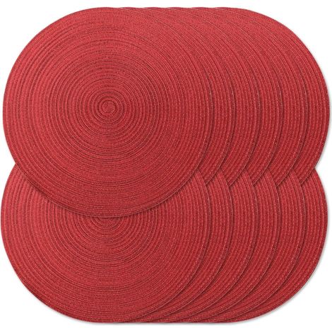 Lot de 12 sets de table ronds tressés de 38,1 cm pour tables de salle à manger, tissés naturels, rustiques, résistants à la chaleur, pour Noël (rouge brillant, 12)'Rouge Brillant Rond 12 pcs'Rouge Bri (1/5)