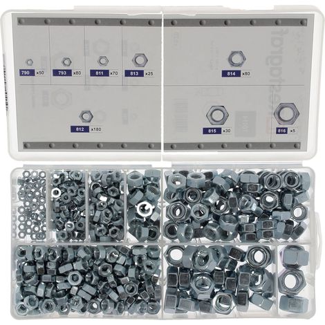 Coffret d'Écrous Hexagonaux Assortiment pour Vis M3-0.50 à M12-1.75 Rangement Atelier DIN 934 Réparation Mécanique Réf. 70114 Coffret de 520 pcs (1/2)