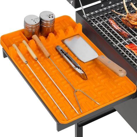 Tapis en silicone, grand tapis à outils avec bac récupérateur de graisse, support pour barbecue d'extérieur, ustensiles de barbecue, accessoires de cuisine et de plan de travail, orange (1/4)