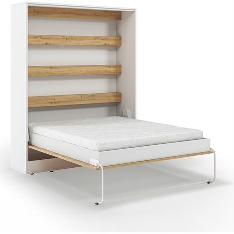 Lit escamotable 160x200 vertical sommier inclus Devon Blanc et Bois (1/5)