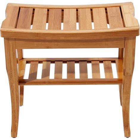 Soges – Tabouret de salle de bain en bambou – Banc de douche ergonomique – 2 étagères de rangement – Charge max 80 kg – Dimensions 47.5x26x44.5 cm