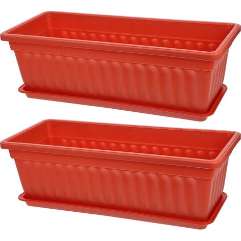 Housoutil 2 Pièces Lot de 2 Jardinières Rectangulaires en Plastique Brique Rouge 45 Cm avec Soucoupes, Pots de Fleurs Extérieurs pour Balcon et Jardin, Drainage et Pieds Surélevés, pour (1/5)