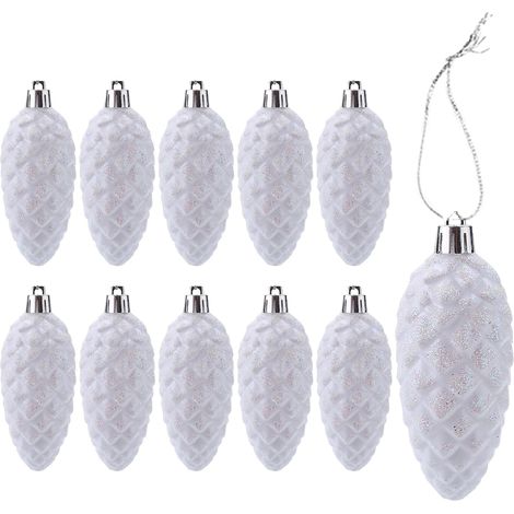 Lot de 10 Grandes Pomme de Pin Déco Noel - Scintillant Décoration Sapin de Noël Blanc - Plastique Boule de Noël (Blanche-A) (1/4)