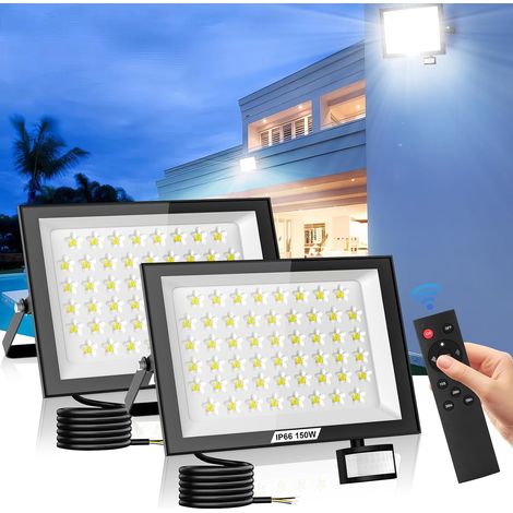 2Pack Projecteur Exterieur LED 150W à Detecteur de Mouvement avec Télécommande, 10000LM 6500K Spot LED Extérieur Super Lumineux, Lampe de Sécurité Étanchéité IP66 pour Jardin Terrasse (1/5)
