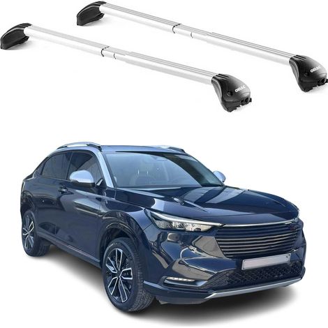 OMAC Barres de toit transversales certifiées TÜV pour HONDA HR-V III 2021-2026 – Verrouillables (4 antivols) – Charge max 100 kg – Sangle inox + protection caoutchouc Argent (1/4)