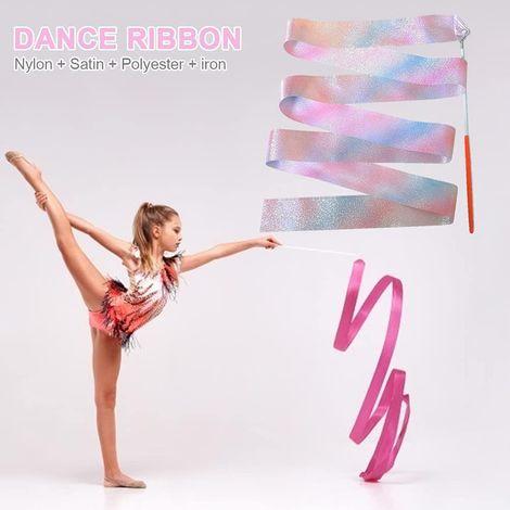 Baguettes de soie scintillantes pour la danse et la gymnastique artistique chez les enfants (2 m/4 m), idéales pour le ballet rythmique et les pirouettes. (1/5)