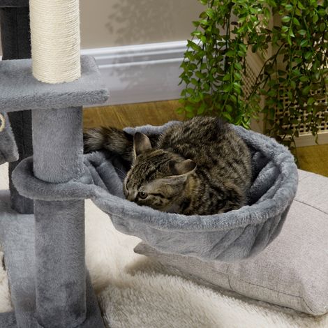 Arbre à chat gris 48x48x140 cm avec poteaux en sisal, niche, coussin et hamac, griffoir pour félin (1/5)
