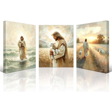 Lot of 3 Impression sur Toile - Jésus Farde L'agneau Mur Art Toile Peinture Image Tableau Décoration Murale pour Chambre Peintures à l'huile pour Maison Bain Salon Chambre 30x40cm (1/5)