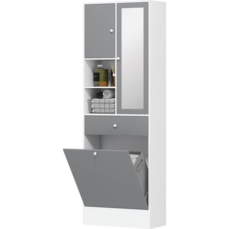 Grauer und weißer Badezimmerschrank (62 x 28 x 181 cm) mit Wäschekorb, Spiegel und verstellbarem Einlegeboden