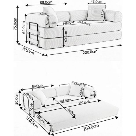 Sofá cama convertible 200x90x75 cm de tela acanalada blanca, sin montaje, para salón – MEUBLIV (1/5)