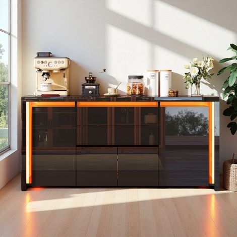 Buffet - Mueble de TV Negro Lacado 160cm - LED 7 Colores - 4 Puertas - 2 Cajones - Diseño Contemporáneo