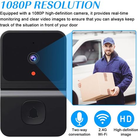 Vidéo sonnette de porte avec caméra sans câble, Wi-Fi vidéo sonnette de porte avec caméra, 2.4GWifi vidéo sonnette de porte vue nocturne/2 voies audio/prend en charge SD & mémoire cloud avec cloche
