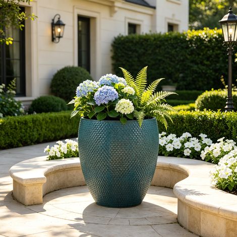 Pot de fleurs extra-large en céramique, Ø46 cm, hauteur 53 cm, bleu turquoise brillant avec un fin relief diamant continu, respirant, résistant au gel, avec trous de drainage pour une utilisation en i (1/5)