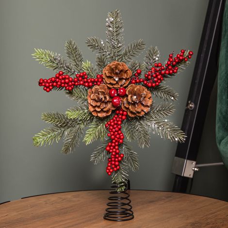 33cm Christmas Tree Topper with Pinecones, Red Berries and Frosted Seasonal Foliage (1/5)