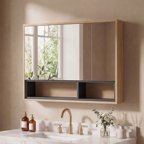 Meuble salle de bain avec miroir, armoire toilettes murale avec placards à 3 portes et 8 compartiments, chêne (1/5)