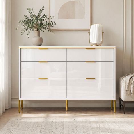 Buffet 6 tiroirs, façades brillantes, 120x40x85,5 cm, blanc et doré, panneaux de bois, FloraGrace (1/5)