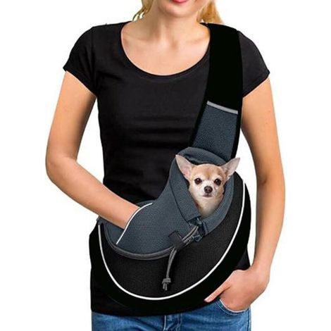 RHG Sac de Transport Chien Portable Sac à Bandoulière Chien Chat Réglable Sac de Voyage pour Petits Animaux Maille Respirant Sac Ventrale Chiot Confortable avec Poche pour Extérieur Marche Métro,Noir,