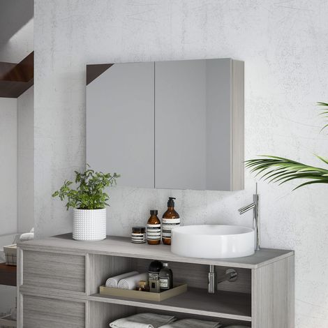 Badezimmer-Wandschrank mit Spiegel, Badezimmermöbel, Doppeltüren und verstellbaren Einlegeböden, 80 x 15 x 60 cm, grau