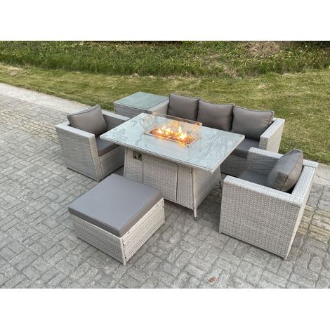 Fimous 6-Sitzer Polyrattan Gartenmöbel Set im Freien Gas Feuertisch Sofa Sets mit 2 Sessel Beistelltisch Großer Hocker Helles Grau (1/5)