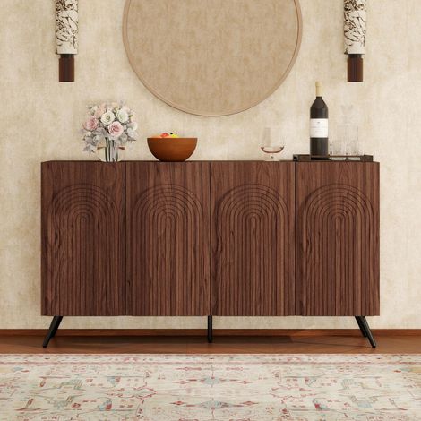 Buffet de style mid-century, meuble d'entrée aspect noyer avec rainures 3D et portes cintrées, bois d'ingénierie, étagères réglables, pieds en métal doré