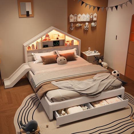 Letto per bambini imbottito 140x200 cm con scivolo reversibile, LED e contenitore beige DESVIAE (1/5)
