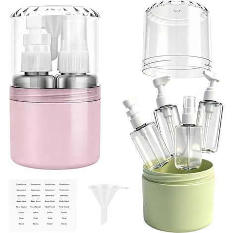 Lot de bouteilles de voyage 4 en 1 à remplir, 50 ml, rechargeables, avec étiquettes autocollantes, stables, anti-fuite, pour shampooing, lotion, gel douche, après-shampoing (1/5)